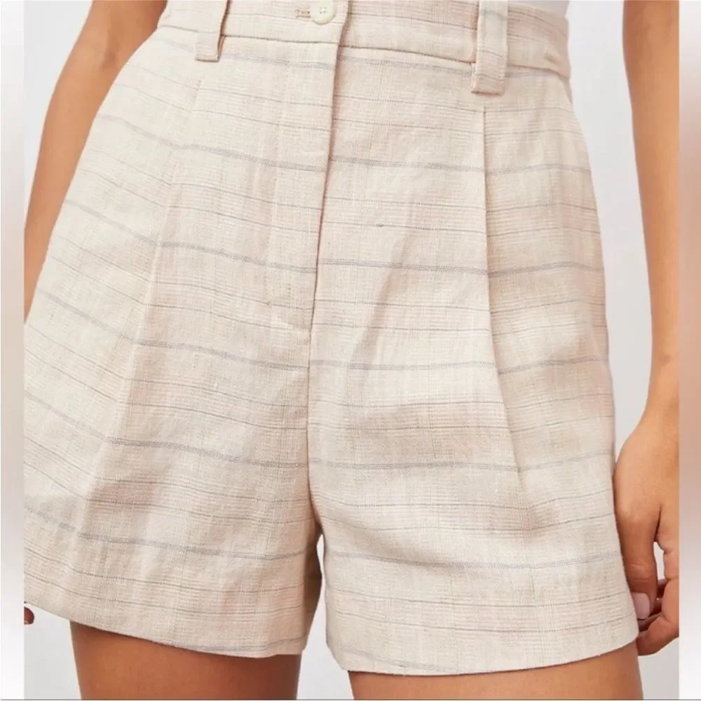 RAILS Ilena‎ Linen Trouser Shorts High Waist Sand Check Cream Plaid Size 12 New